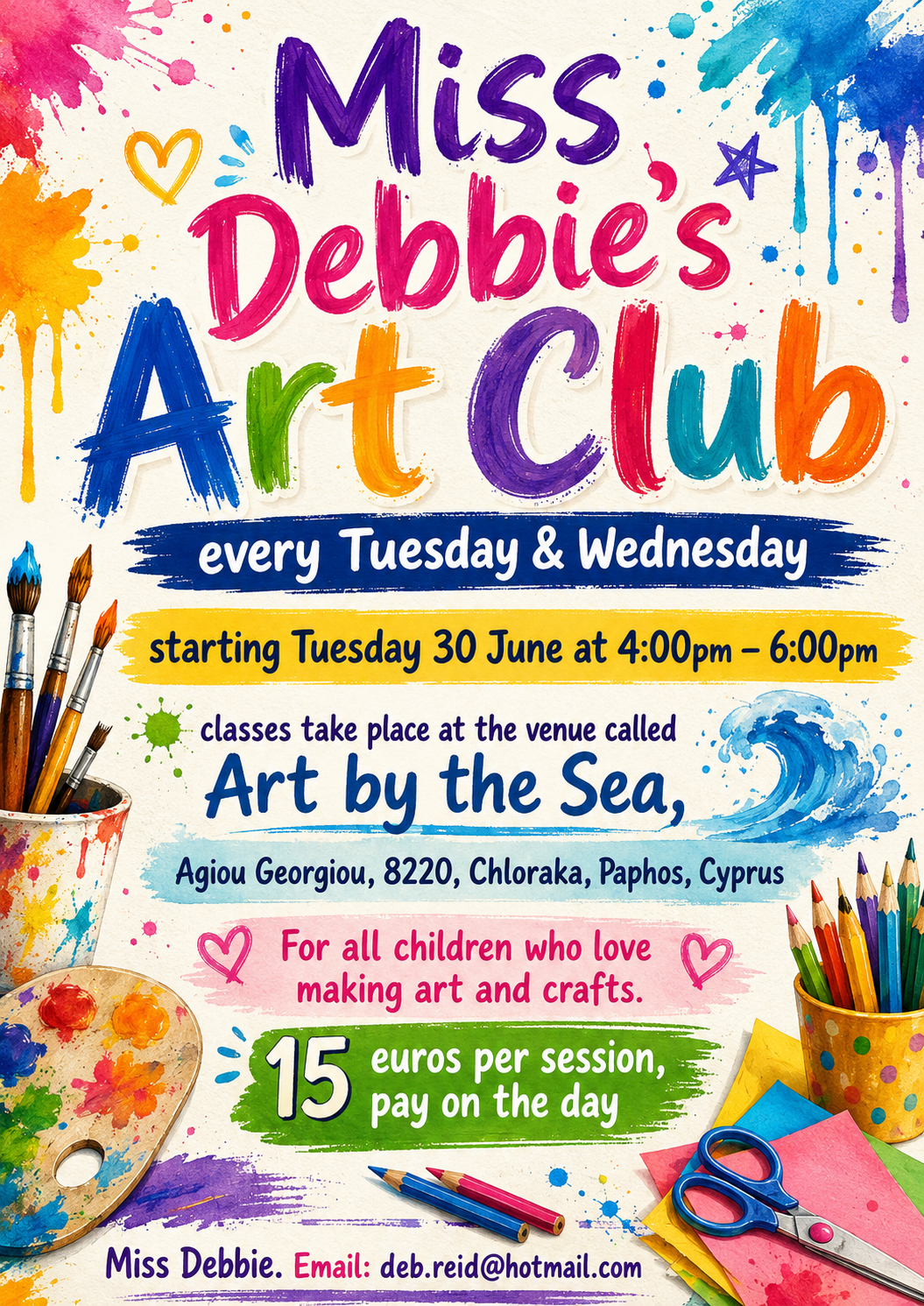 Flyer for Miss Debbie's Art Club launch class
