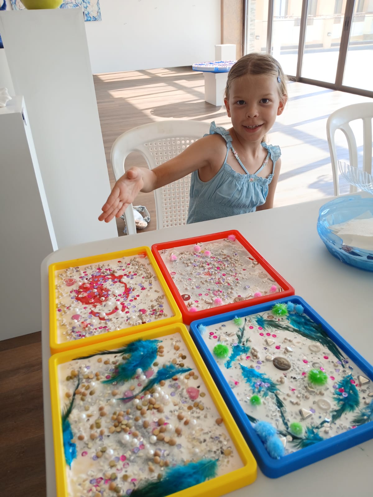 Close-up of a colourful heart sensory tray